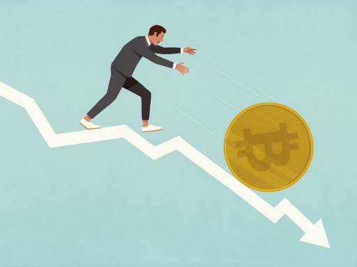 Illustration: Geschäftsmann jagt einer Bitcoin-Münze hinterher, die auf einem absteigenden Kursgrafen hinunterrollt.