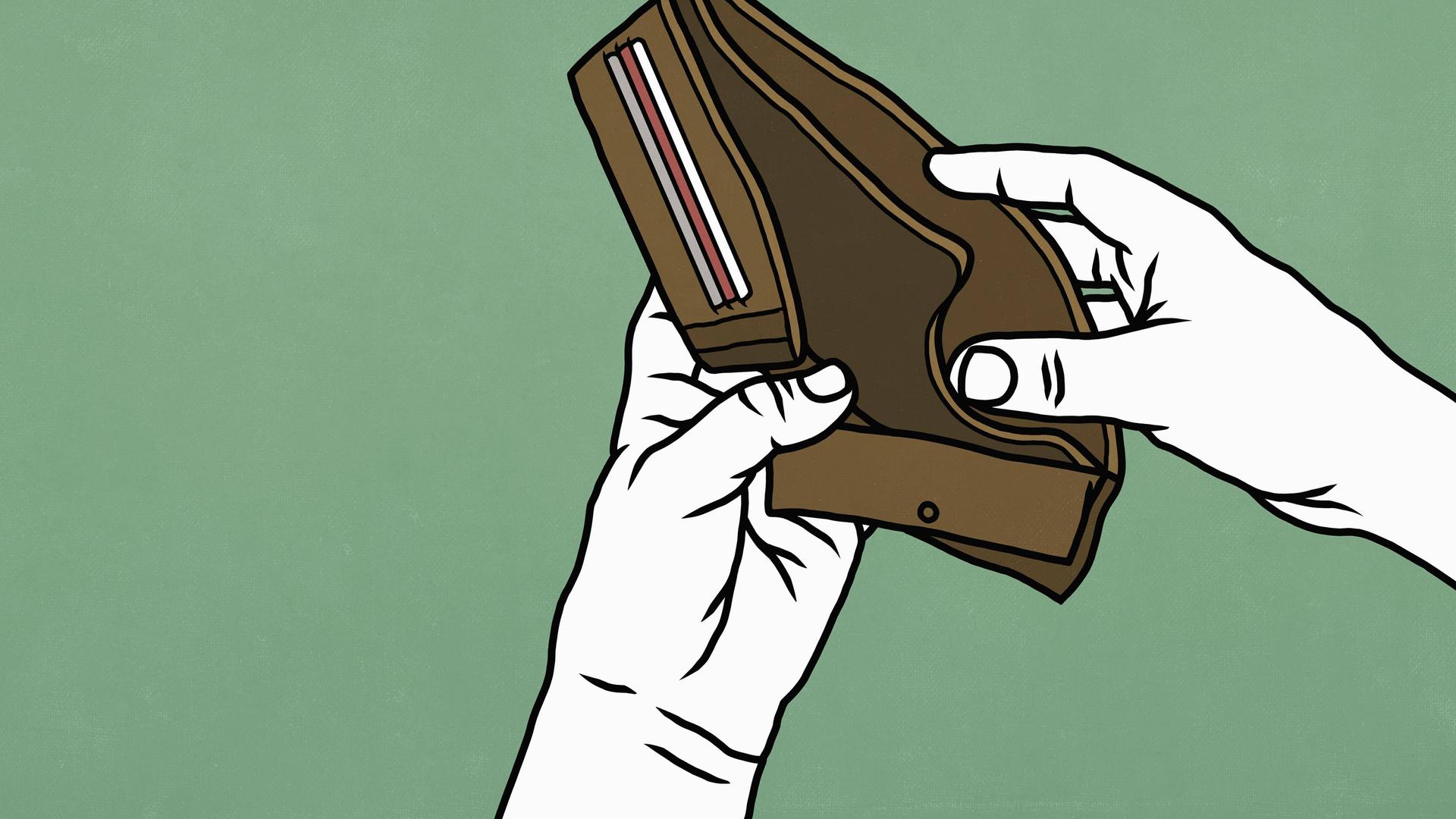 Illustration von Händen, die eine leere Geldbörse halten.