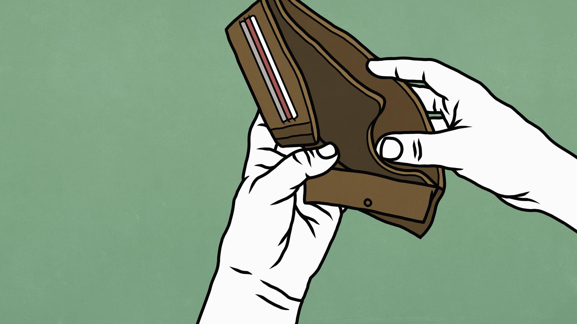 Illustration von Händen, die eine leere Geldbörse halten. Illustration von Händen, die eine leere Geldbörse halten.