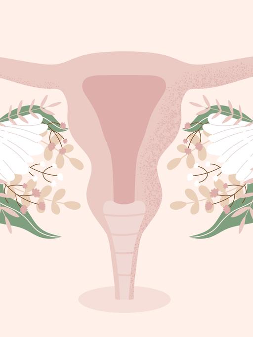 Illustration der weiblichen Uterus mit blühenden Blumen statt Eierstöcken.