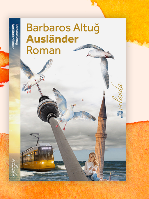 Auf dem Cover ist eine Collage zu sehen mit einem zur Seite geneigten Berliner Fernsehturm, einem Minarett, einer Berliner Trambahn und mehreren Möwen. Darüber der Autorenname und der Buchtitel.