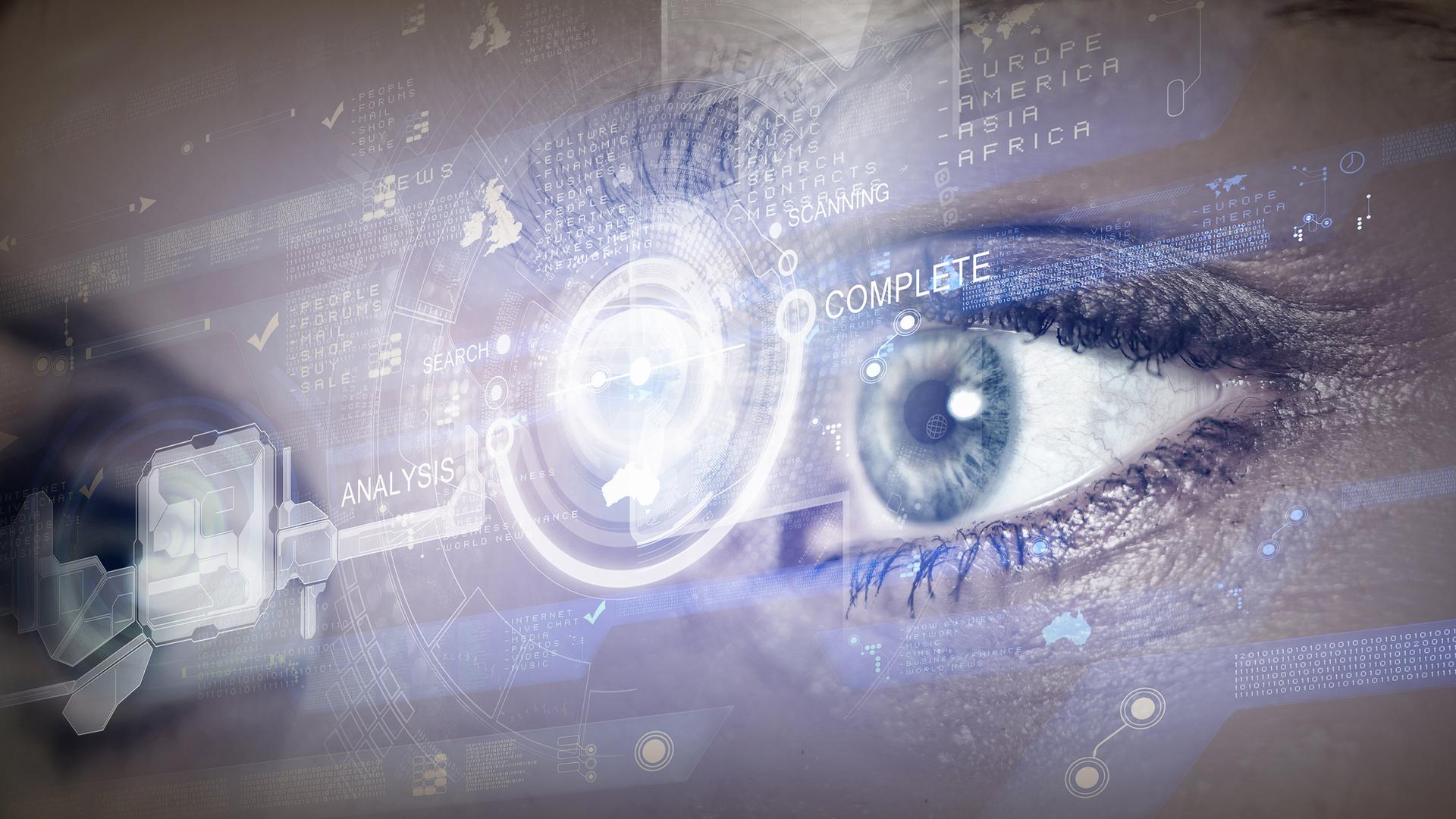 Illustration: Ein technisiert dargestelltes Auge mit den Wörtern Analysis und Complete. Illustration: Ein technisiert dargestelltes Auge mit den Wörtern Analysis und Complete.