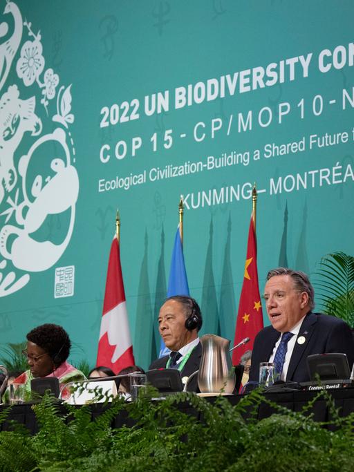 Blick auf das Podium der Weltnaturkonferenz COP15 in Montreal/Kanada