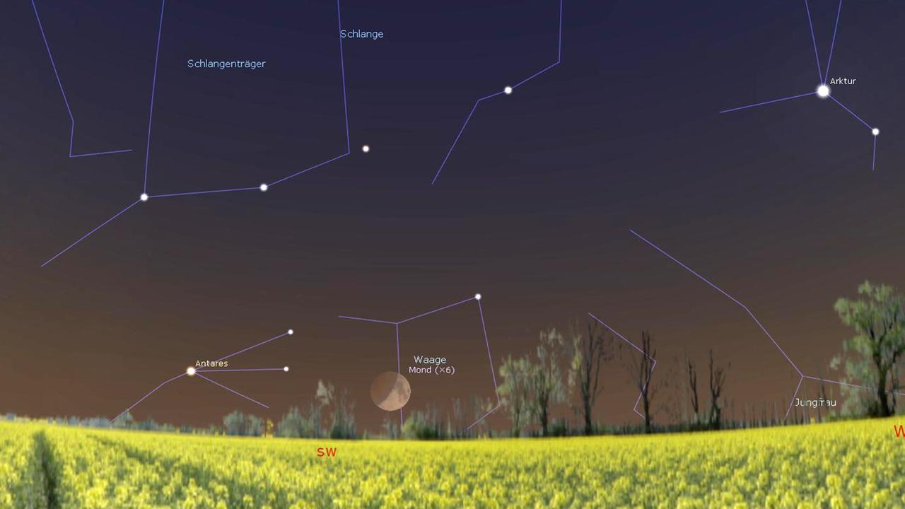 Montag früh in der Dämmerung steht der teilverfinsterte Mond tief im Südwesten Montag früh in der Dämmerung steht der teilverfinsterte Mond tief im Südwesten