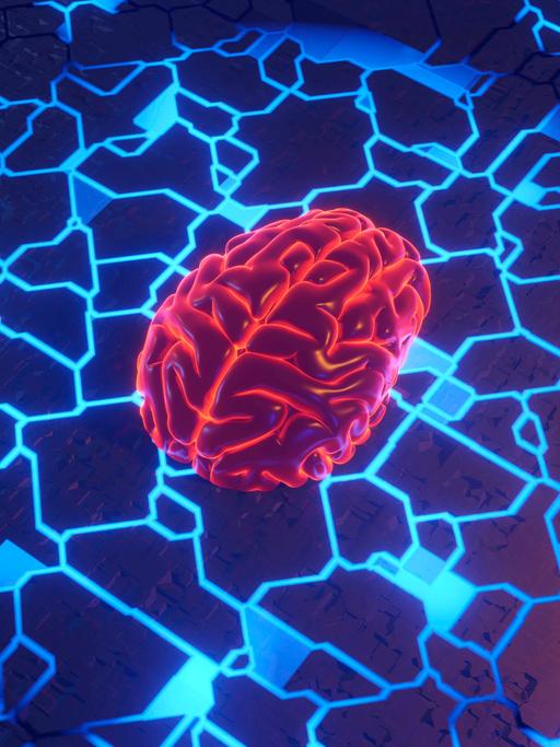 Three dimensional render of human brain lying on glowing circuit board SPCF01159