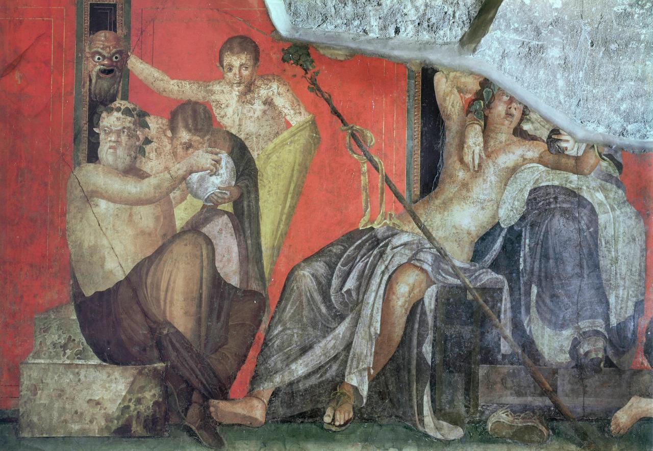 Ausschnitt aus einem Wandgemälde. Die Einweihung der Frauen in den Dionysoskult. Fresko in Pompeji, Italien