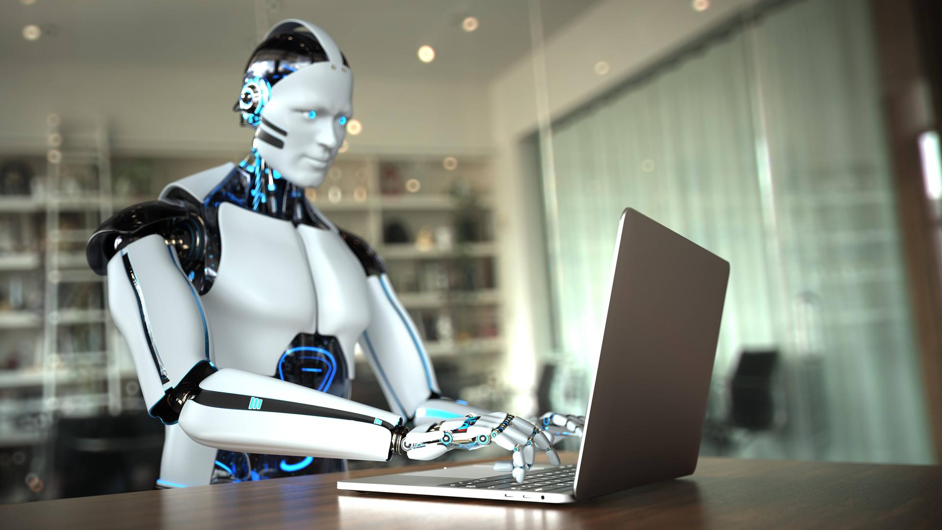 Das Bild zeigt eine 3D-Illustration eines Roboters, der auf einem Laptop schreibt. Der Roboter sitzt in einem Büro an einem Schreibtisch. Es handelt sich nicht um einen realen Roboter sondern um eine Visualisierung. Das Bild zeigt eine 3D-Illustration eines Roboters, der auf einem Laptop schreibt. Der Roboter sitzt in einem Büro an einem Schreibtisch. Es handelt sich nicht um einen realen Roboter sondern um eine Visualisierung.