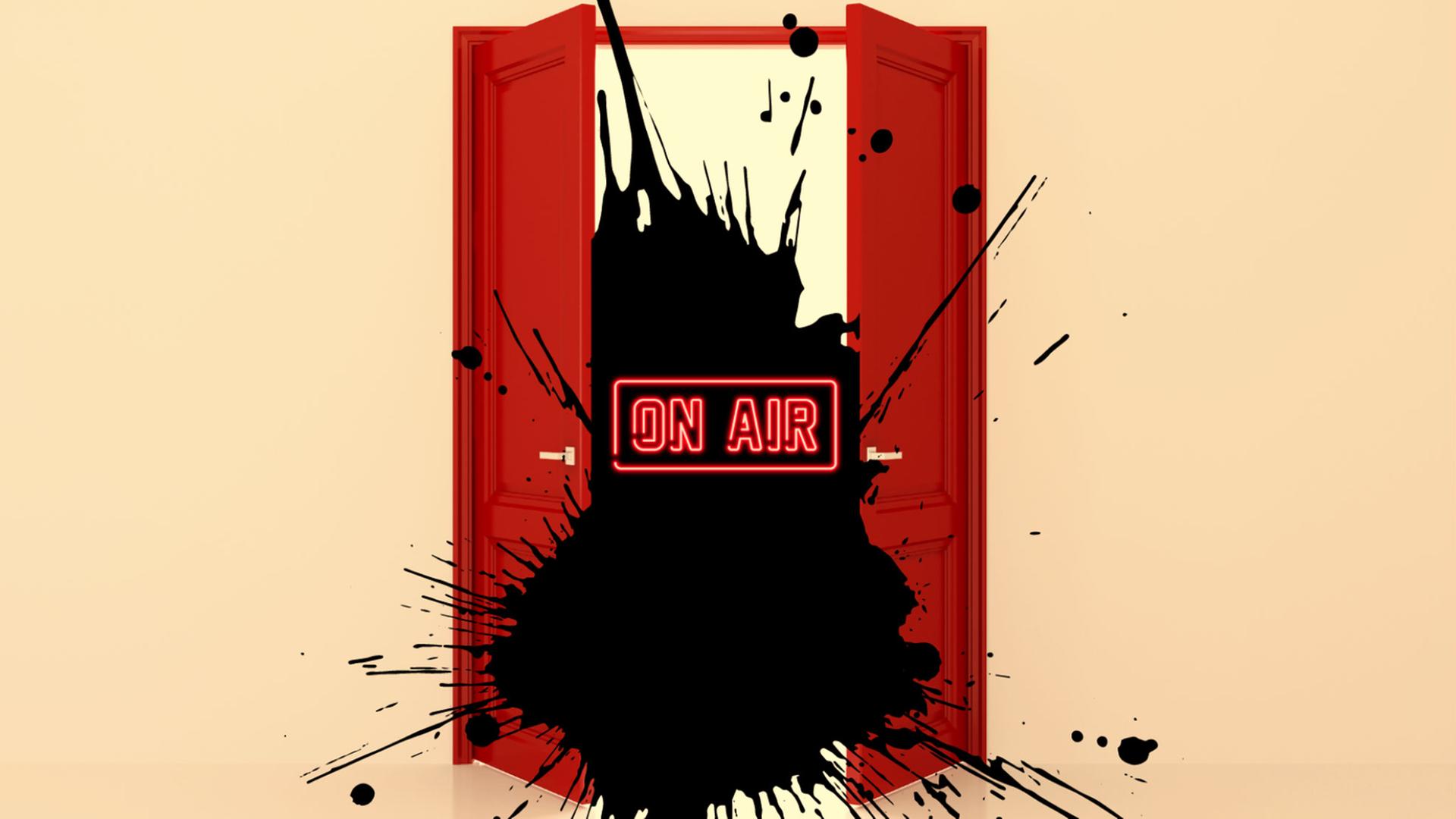Das lineare Radio nimmt in "Die rote Tür" bei jeder Ausstrahlung neue Realitätspartikel auf. Zu sehen: Eine Comic-Zeichnung - Rote Türflügel sind halb geöffnet, dazwischen ein schwarzer Klecks mit einer roten Schrift darüber "On Air" Das lineare Radio nimmt in "Die rote Tür" bei jeder Ausstrahlung neue Realitätspartikel auf. Zu sehen: Eine Comic-Zeichnung - Rote Türflügel sind halb geöffnet, dazwischen ein schwarzer Klecks mit einer roten Schrift darüber "On Air"