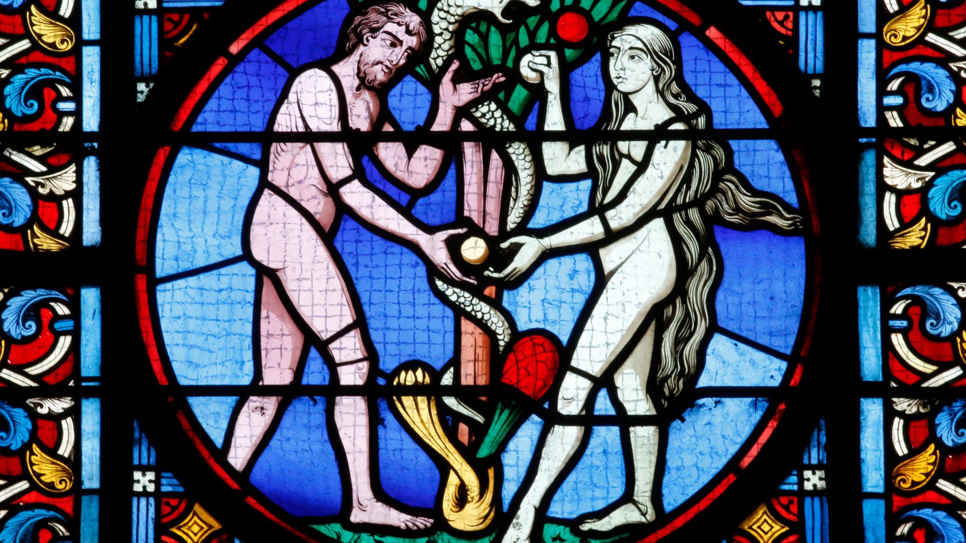 Farbiges Glasfenster einer Kirche mit Adam und Eva im Paradies Farbiges Glasfenster einer Kirche mit Adam und Eva im Paradies