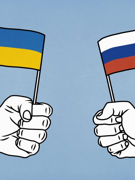 Eine Illustration zeigt zwei geballte Fäuste, die eine ukrainische und eine russische Flagge gegeneinander halten.