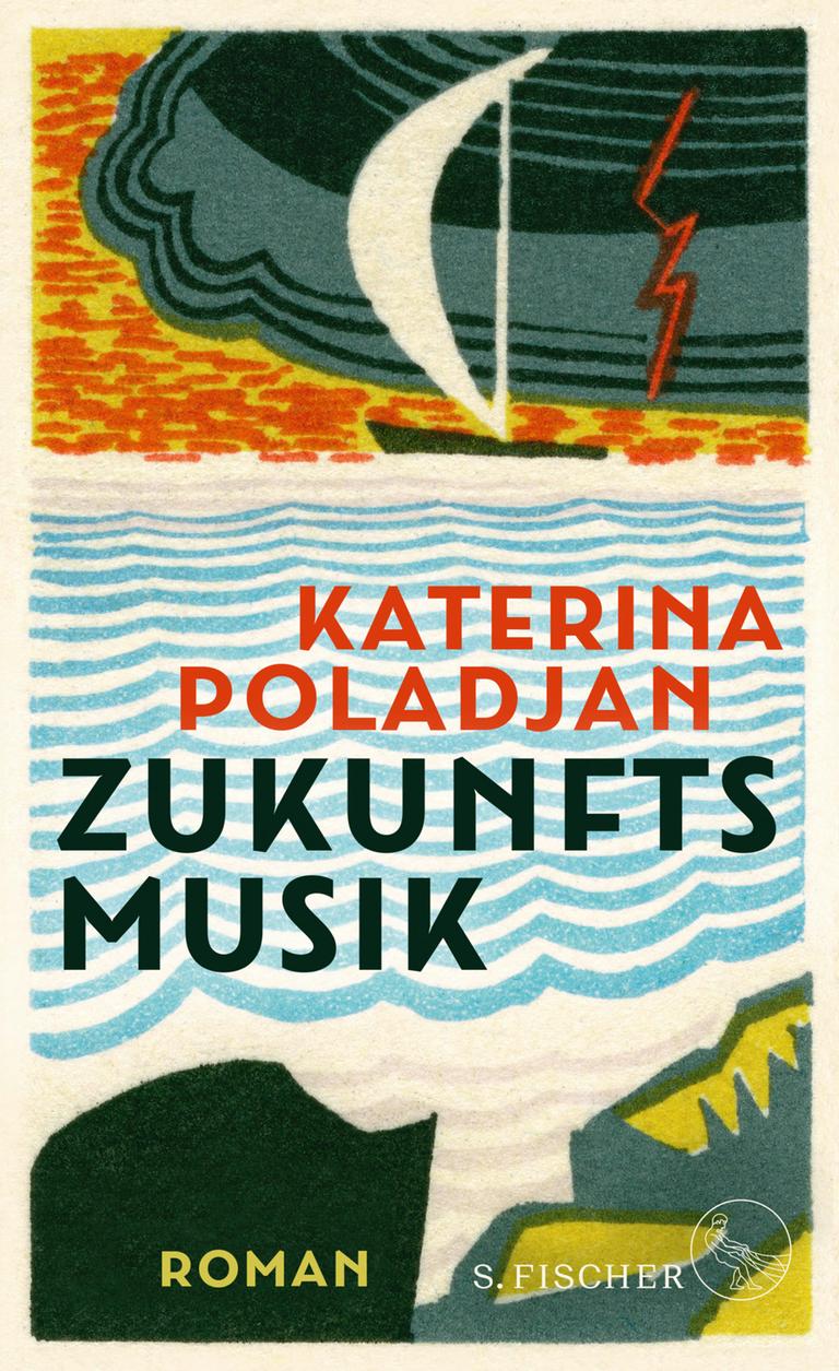 Das Buchcover zeigt den Autorinnamen in orangener Schrift sowie den Buchtitel in schwarzer Schrift auf gemalten Wellen. Darüber ist eine Illustration zu sehen von einem Segelboot auf einem orange-gelben Meer, über dem eine grau-schwarze Wolke dräut, aus der ein roter Blitz schießt. Das Buchcover zeigt den Autorinnamen in orangener Schrift sowie den Buchtitel in schwarzer Schrift auf gemalten Wellen. Darüber ist eine Illustration zu sehen von einem Segelboot auf einem orange-gelben Meer, über dem eine grau-schwarze Wolke dräut, aus der ein roter Blitz schießt.