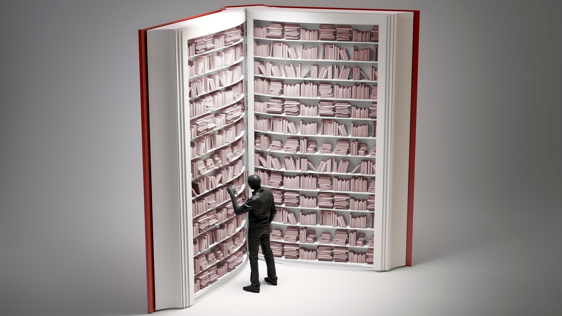 Illustration: Bücherregale in einem geöffneten Buch mit einem Miniaturmenschen davor, der eines auswählt. Illustration: Bücherregale in einem geöffneten Buch mit einem Miniaturmenschen davor, der eines auswählt.
