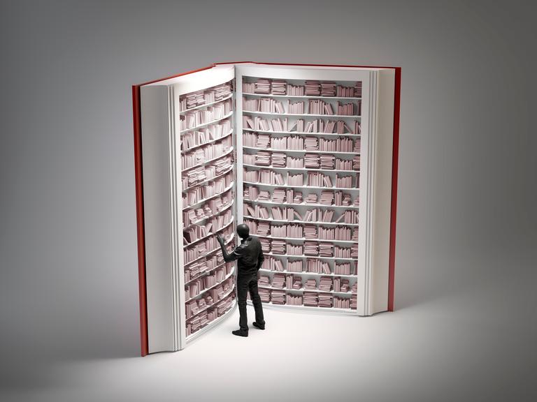 Illustration: Bücherregale in einem geöffneten Buch mit einem Miniaturmenschen davor, der eines auswählt.
