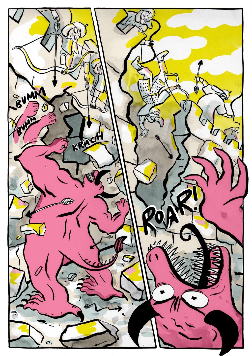 Eine farbig illustrierte Comicseite mit der Darstellung eines rosa Monsters, der von Personen mit Pfeil und Bogen angegriffen wird: Auszug aus "Madame Choi und die Monster", das mit dem Comicbuchpreis 2022 ausgezeichnet wurde.