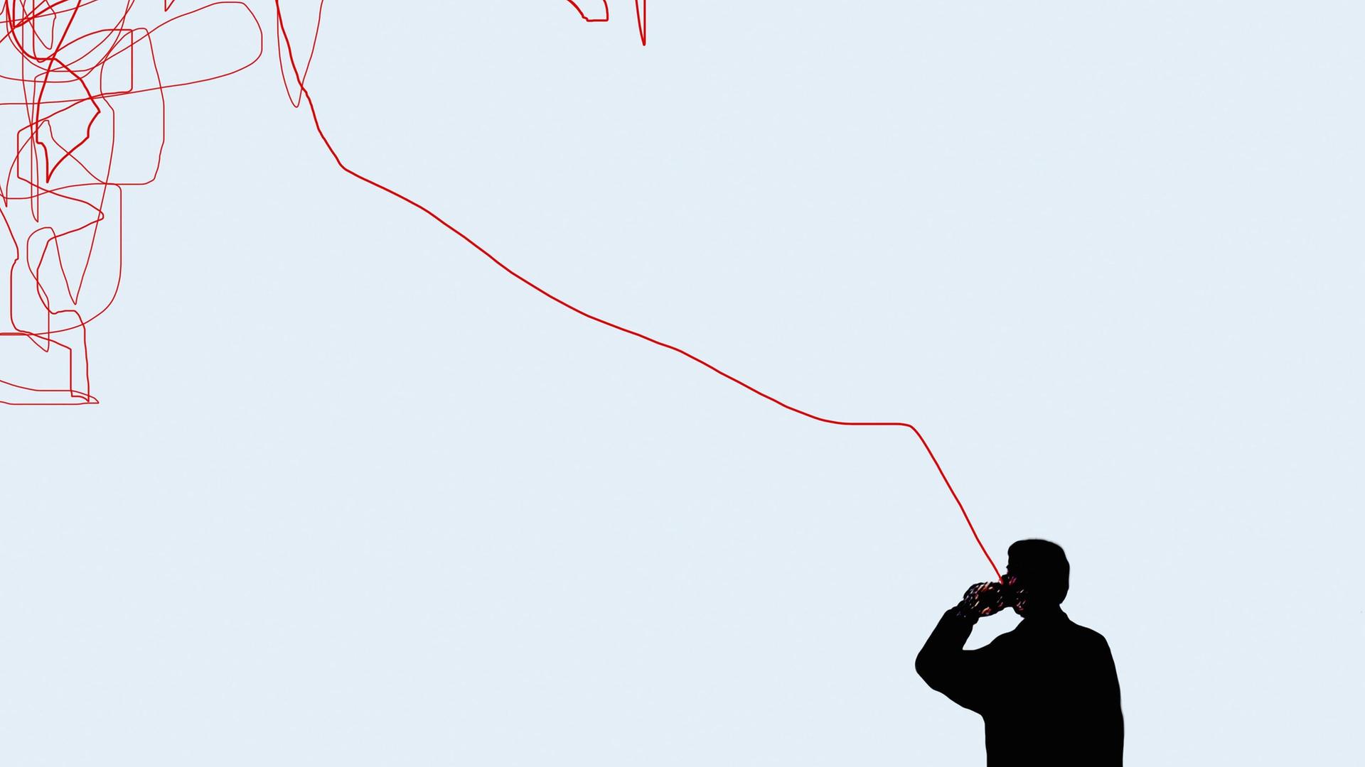 Grafik: Mann telefoniert verbunden mit verworrener roter Linie. Grafik: Mann telefoniert verbunden mit verworrener roter Linie.