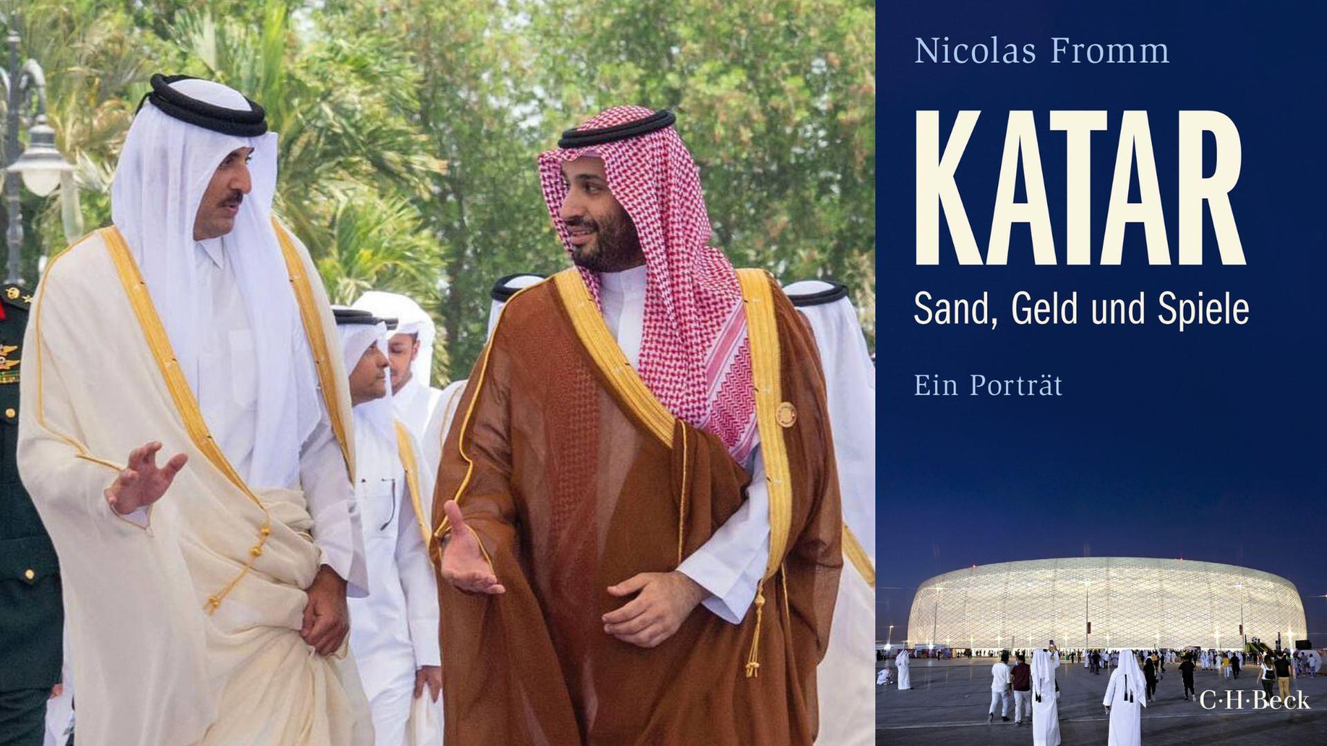 Im Juli 2022 trifft der Emir von Katar Sheikh Tamim bin Hamad Al Thani den saudischen Kronprinz Mohammed bin Salman in dessen Palast in Jeddah, Saudi Arabien. 
Buchcover Nicolas Fromm: "Katar. Sand, Geld und Spiele. Ein Porträt"