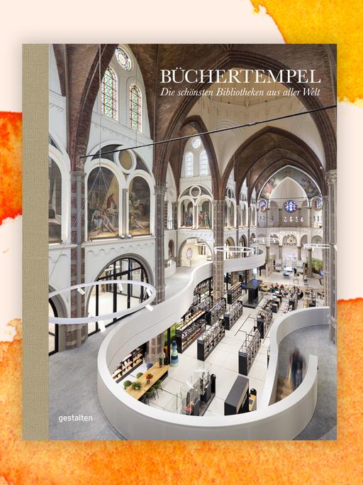 Das Buchcover zeigt eine moderne Bibliothek in einer kathedralenartigen Architektur