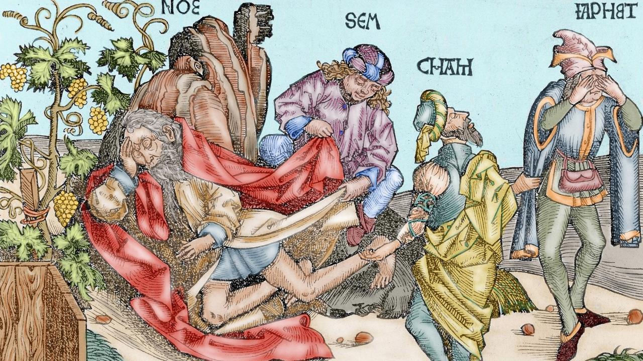 Eine Litographie aus dem 19. Jahrhundert (basierend auf einer Gravur aus dem 16. Jahrhundert) ziert die Seiten einer französischen Bibel. Zu sehen ist Noah, der trunken am Boden liegt. Seine Söhne Shem, Ham und Japhet bedecken ihn mit einem Mantel.