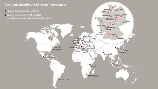 Infografik mit Weltkarte: Das Deutschlandradio-Korrespondentennetzwerk