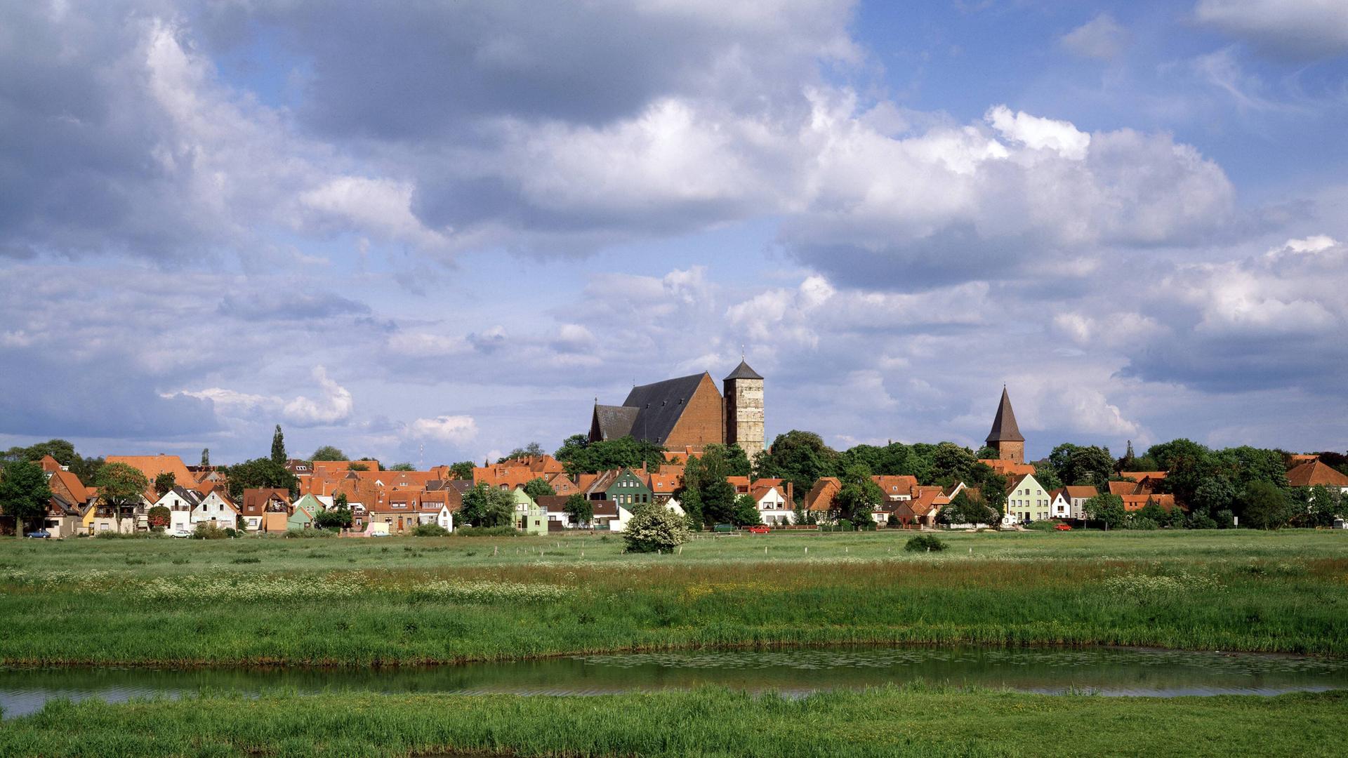 Blick über die Wiesen zum Fluss Aller hin, an dessen Ufer die Stadt Verden liegt. Blick über die Wiesen zum Fluss Aller hin, an dessen Ufer die Stadt Verden liegt.