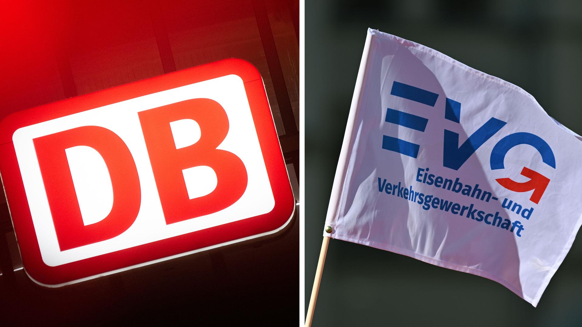 Das Logo der Deutschen Bahn und eine Fahne der Gewerkschaft EVG in einer Kombo.