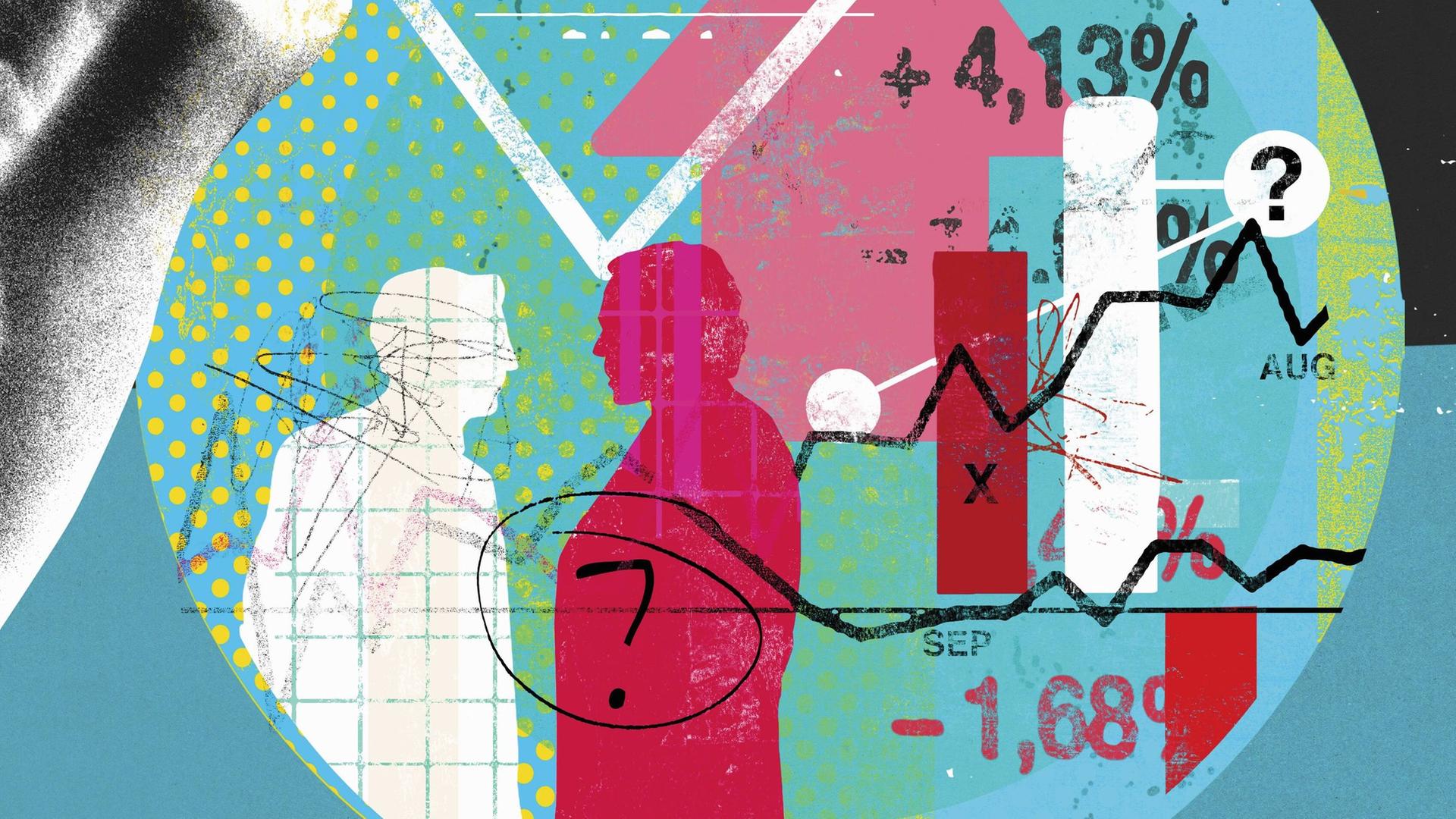 Hände um eine Kristallkugel mit Finanzdaten, Pfeilen und Kurven. Dazu zwei bunte Silhouetten. Hände um eine Kristallkugel mit Finanzdaten, Pfeilen und Kurven. Dazu zwei bunte Silhouetten.