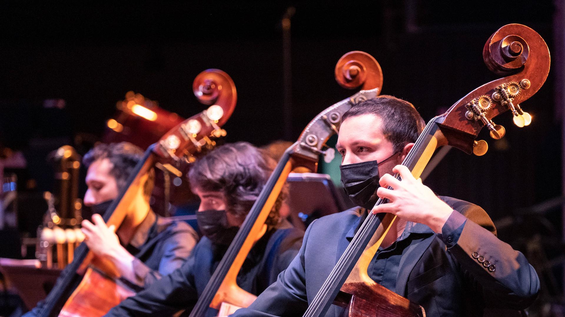 Drei Orchestermusiker mit Masken. Alle drei spielen einen Kontrabass. Drei Orchestermusiker mit Masken. Alle drei spielen einen Kontrabass.