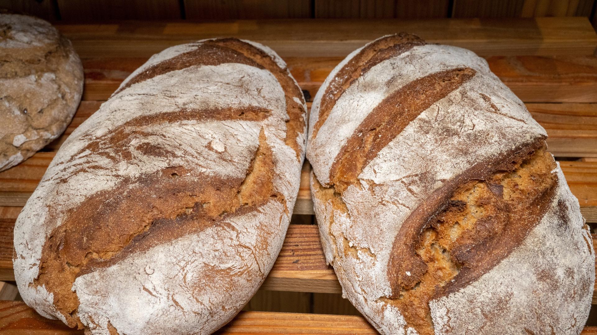Zwei Brotlaibe liegen nebeneinander in einem Holzregal. Zwei Brotlaibe liegen nebeneinander in einem Holzregal.