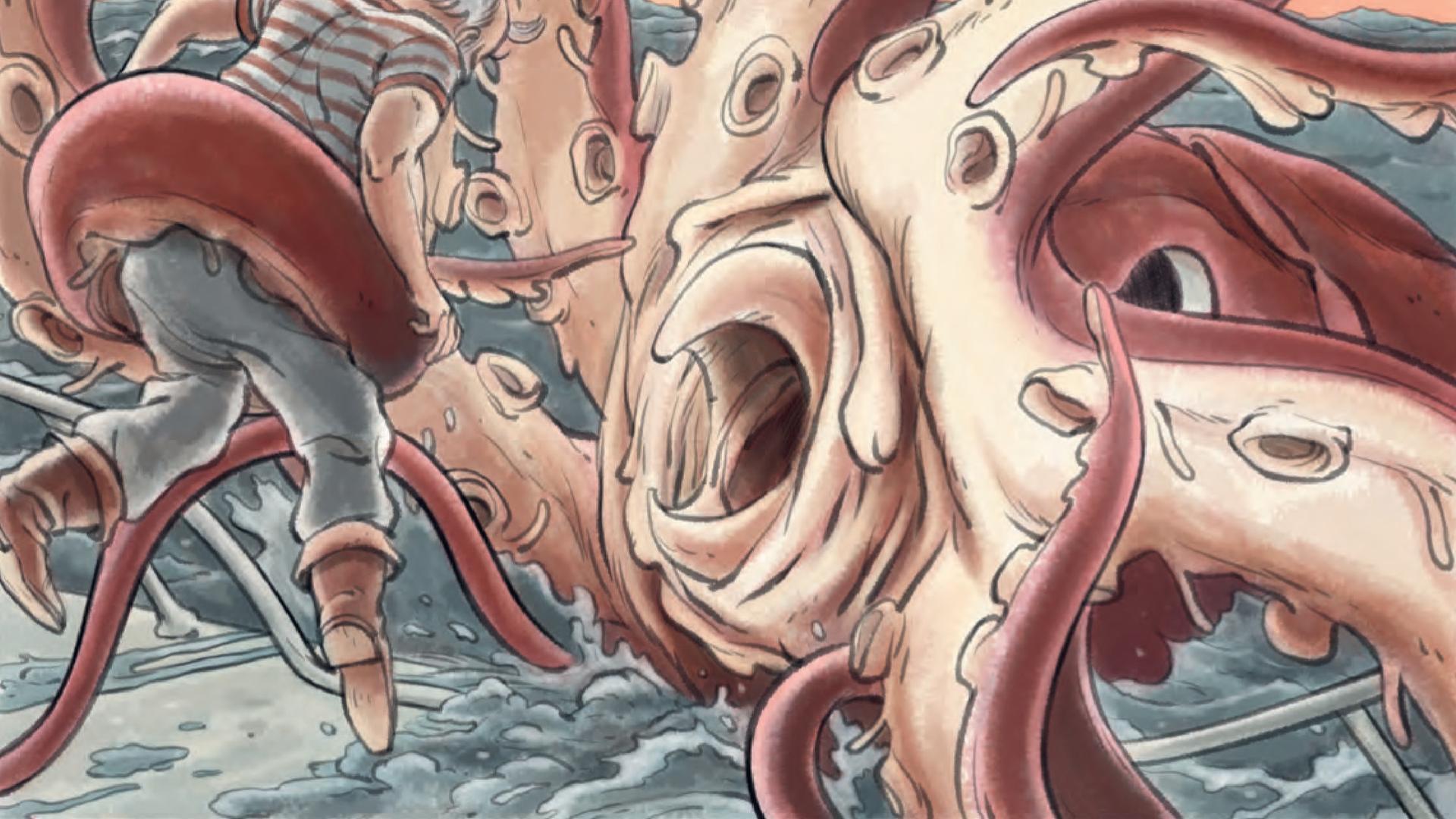 Ausschnitt aus dem Comic. Zu sehen ist eine große Krake, die mit einem Menschen kämpft. Ausschnitt aus dem Comic. Zu sehen ist eine große Krake, die mit einem Menschen kämpft.
