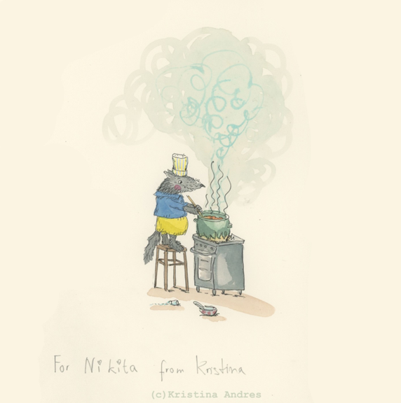 Die Illustration eines kochenden Wolfs. Darunter die Aufschrift: For Nikita from Kistina.