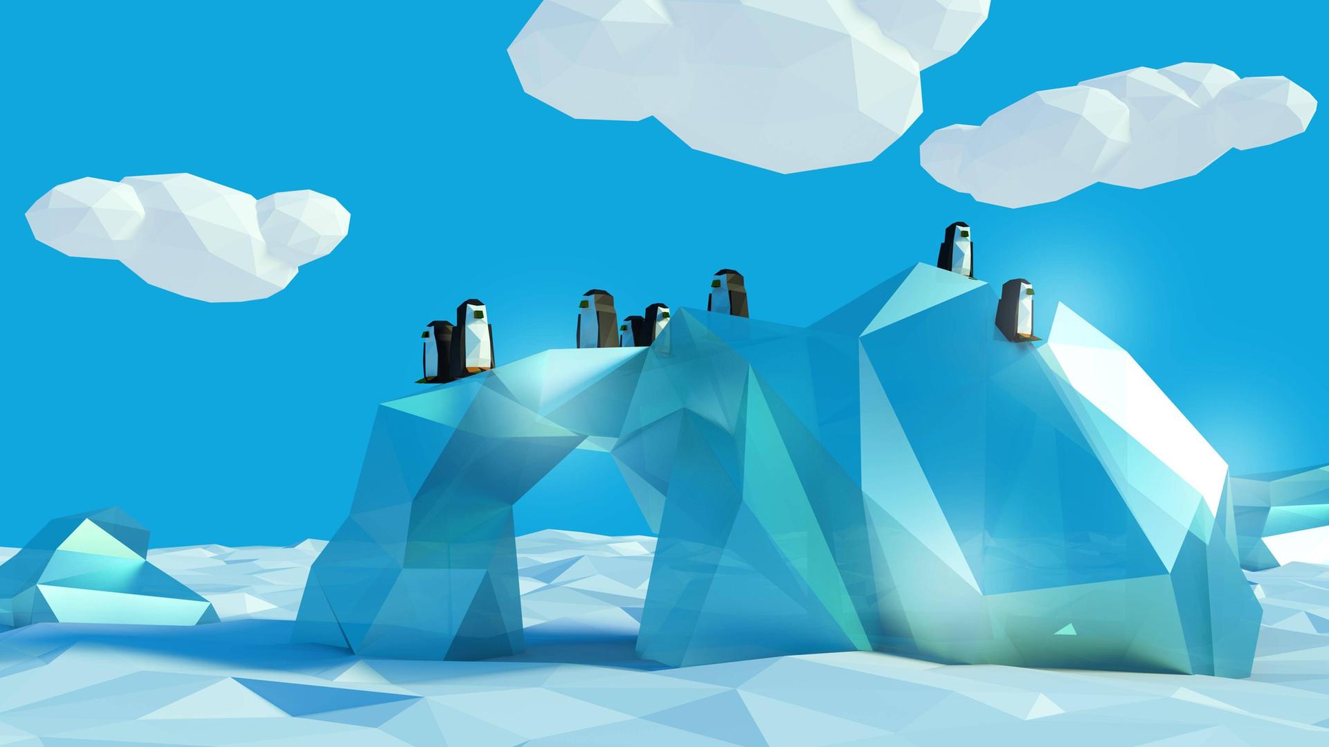 Auf einer Illustration sitzen mehrere Pinguine auf einem Eisberg, im Hintergrund sind Wolken zu sehen. Auf einer Illustration sitzen mehrere Pinguine auf einem Eisberg, im Hintergrund sind Wolken zu sehen.