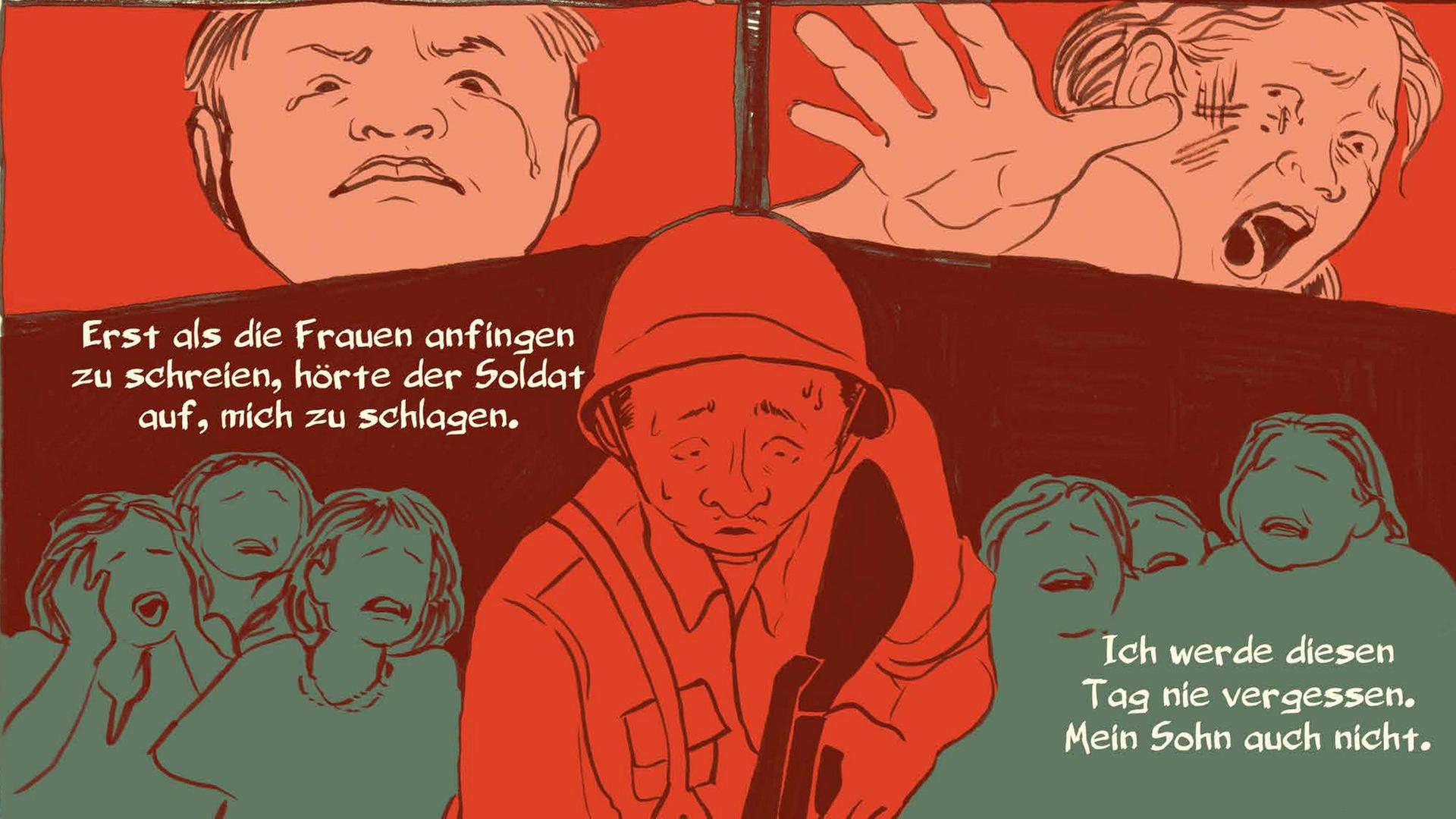 Eine Seite aus dem Comic "Lasst den Fluss fließen". Zu sehen ist ein Soldat mit einem Gewehr, klagende Frauen.
Eine Seite aus dem Comic "Lasst den Fluss fließen". Zu sehen ist ein Soldat mit einem Gewehr, klagende Frauen.