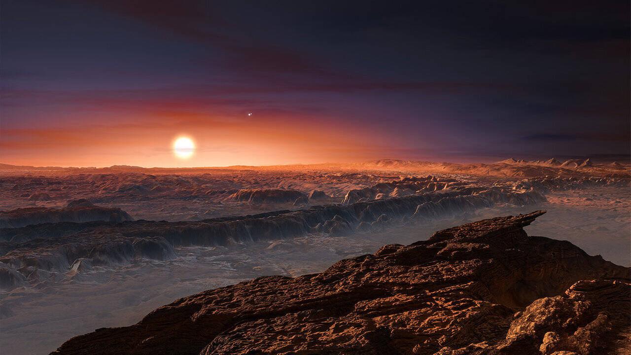 Eine Zeichnung von zerklüftetem Boden im Vordergrund, am Himmel ein sonnenähnlicher, strahlender Himmelskörper, der rötliches Licht in der Dunkelheit verbreitet. Eine Zeichnung von zerklüftetem Boden im Vordergrund, am Himmel ein sonnenähnlicher, strahlender Himmelskörper, der rötliches Licht in der Dunkelheit verbreitet.