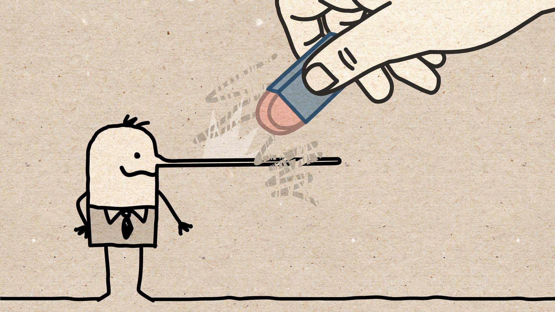 Illustration einer Hand mit einem Radiergummi, die die lange Nase eines gezeichneten Pinocchios wegradiert.