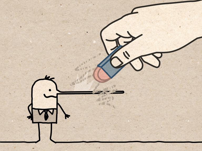 Illustration einer Hand mit einem Radiergummi, die die lange Nase eines gezeichneten Pinocchios wegradiert.