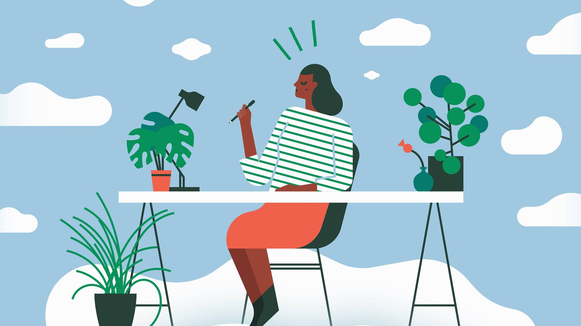 Illustration: Eine Frau sitzt an einem Schreibtisch mit Topfpflanzen in einer Wolkenlandschaft. Illustration: Eine Frau sitzt an einem Schreibtisch mit Topfpflanzen in einer Wolkenlandschaft.