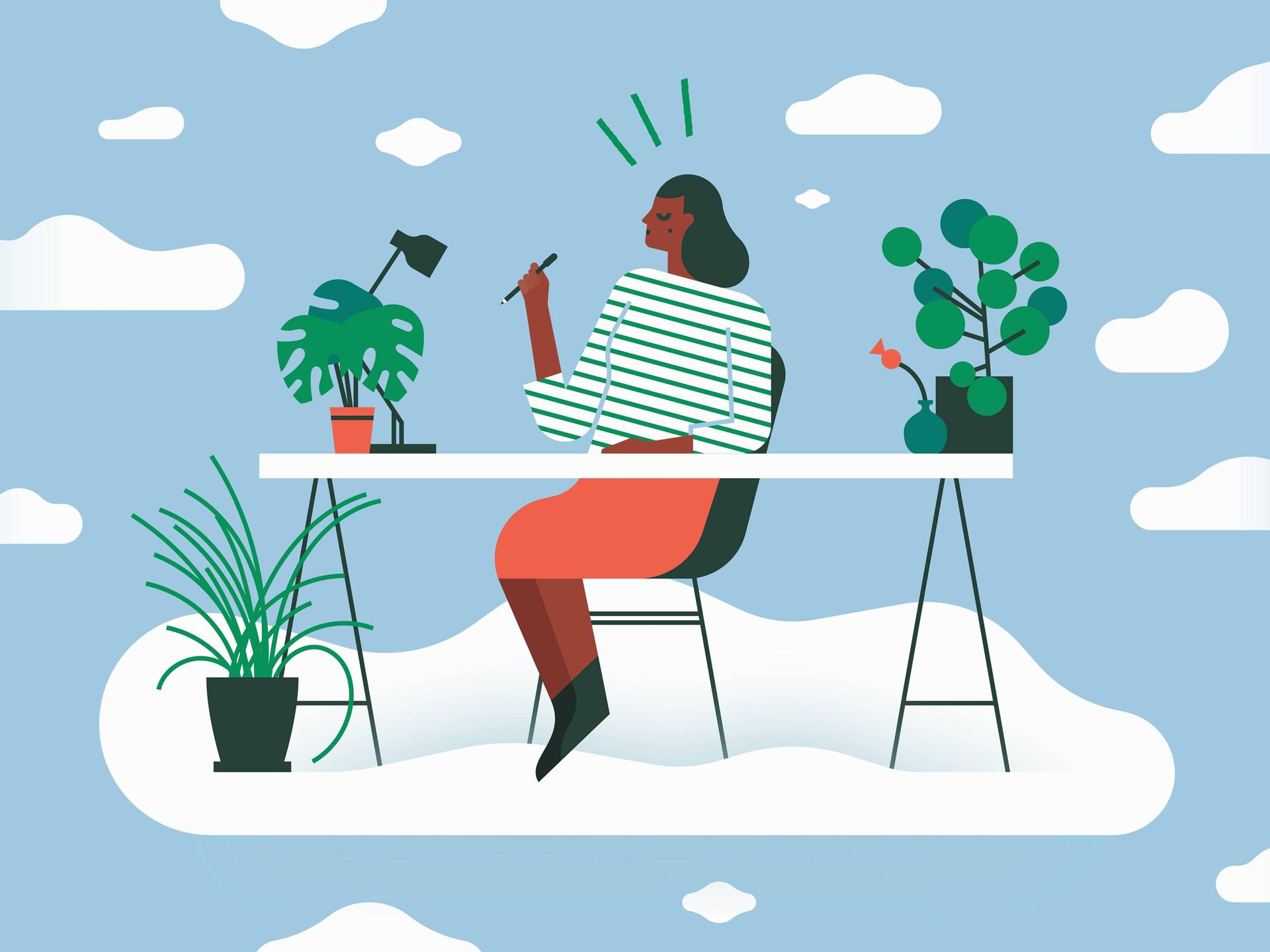 Illustration: Eine Frau sitzt an einem Schreibtisch mit Topfpflanzen in einer Wolkenlandschaft.  