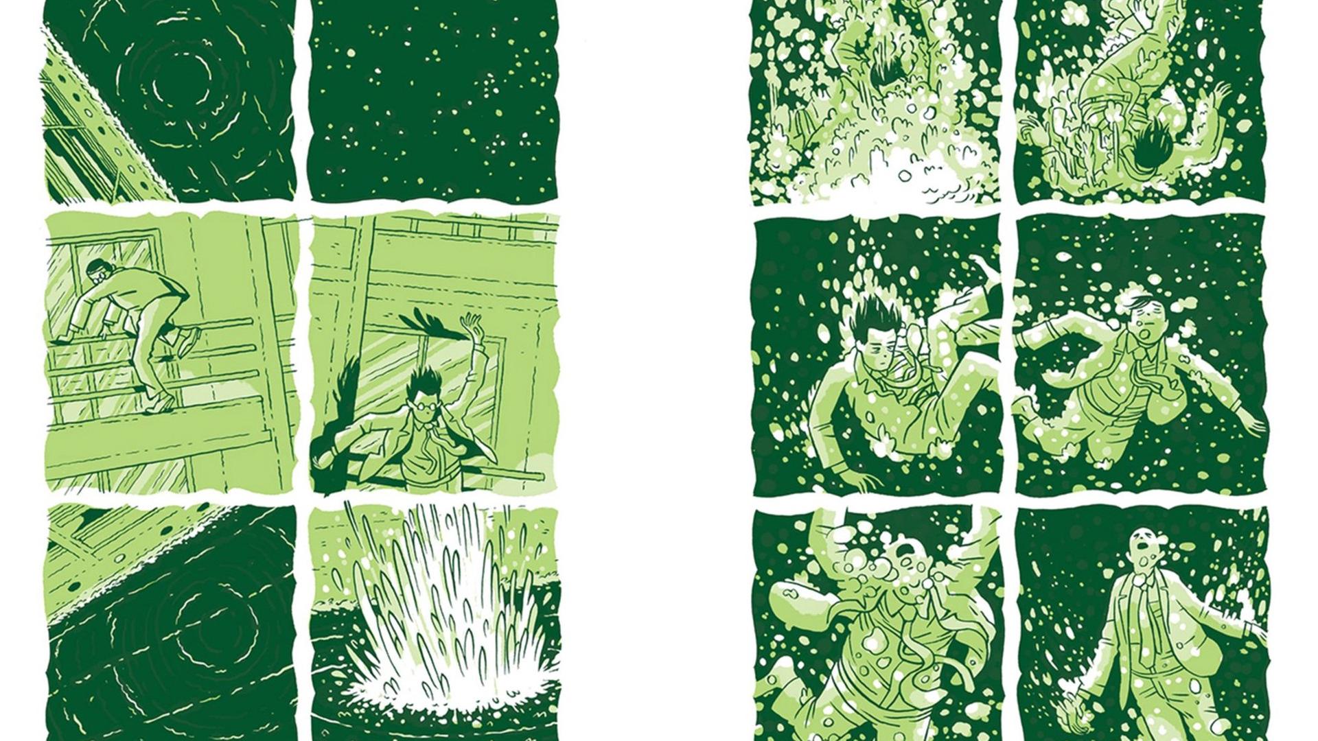 Ausschnitt aus der Graphic Novel "Zwei bleiben" von Jordan Crane: Ein Mann im Anzug ist ins Wasser gefallen, sein Körper trudelt darin herum. Ausschnitt aus der Graphic Novel "Zwei bleiben" von Jordan Crane: Ein Mann im Anzug ist ins Wasser gefallen, sein Körper trudelt darin herum.