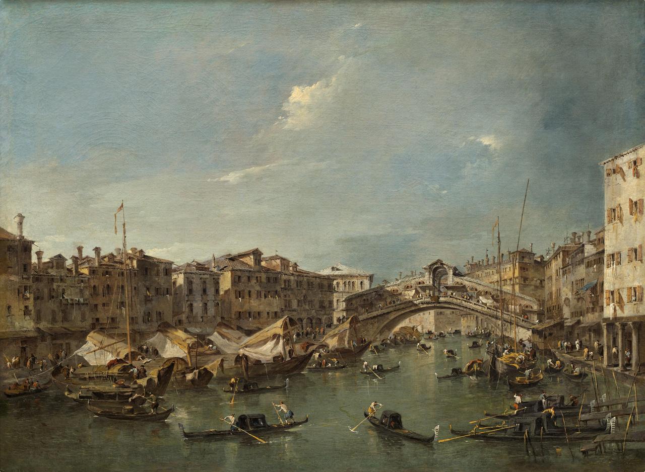 Zeitgenössische Darstellung der Rialto-Brücke in Venedig um ca. 1780.