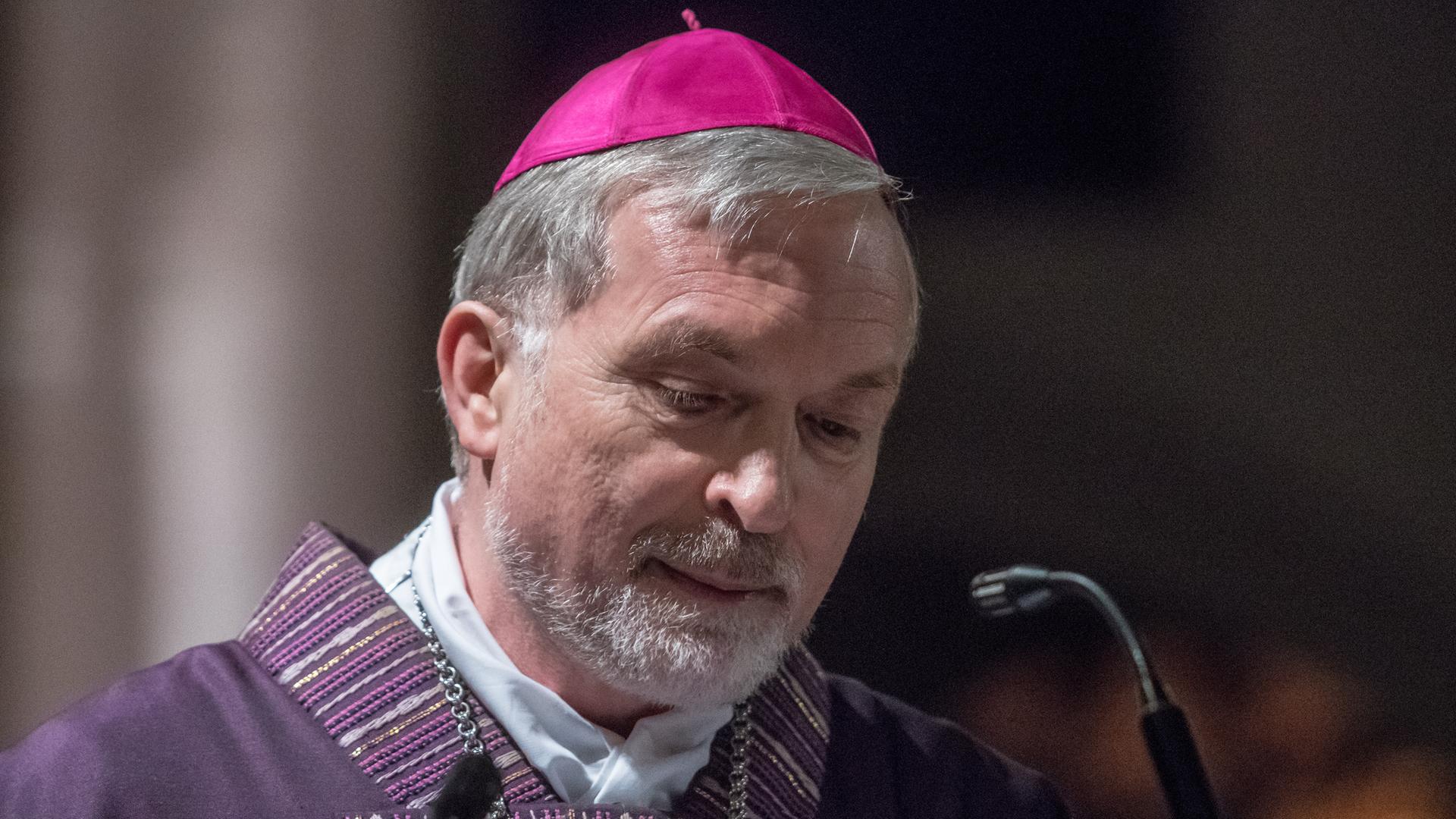 Bischof Gregor Maria Hanke trägt auf dem Bild einen Bart und hat hellgraue Haare. Er trägt in Lila gehaltene Kleidung. 