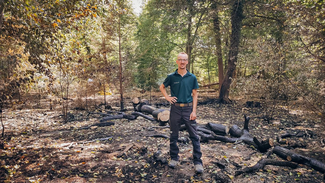 Lukas Stange steht in einem Waldstück inmitten verkohlter Baumststämme. Lukas Stange steht in einem Waldstück inmitten verkohlter Baumststämme.