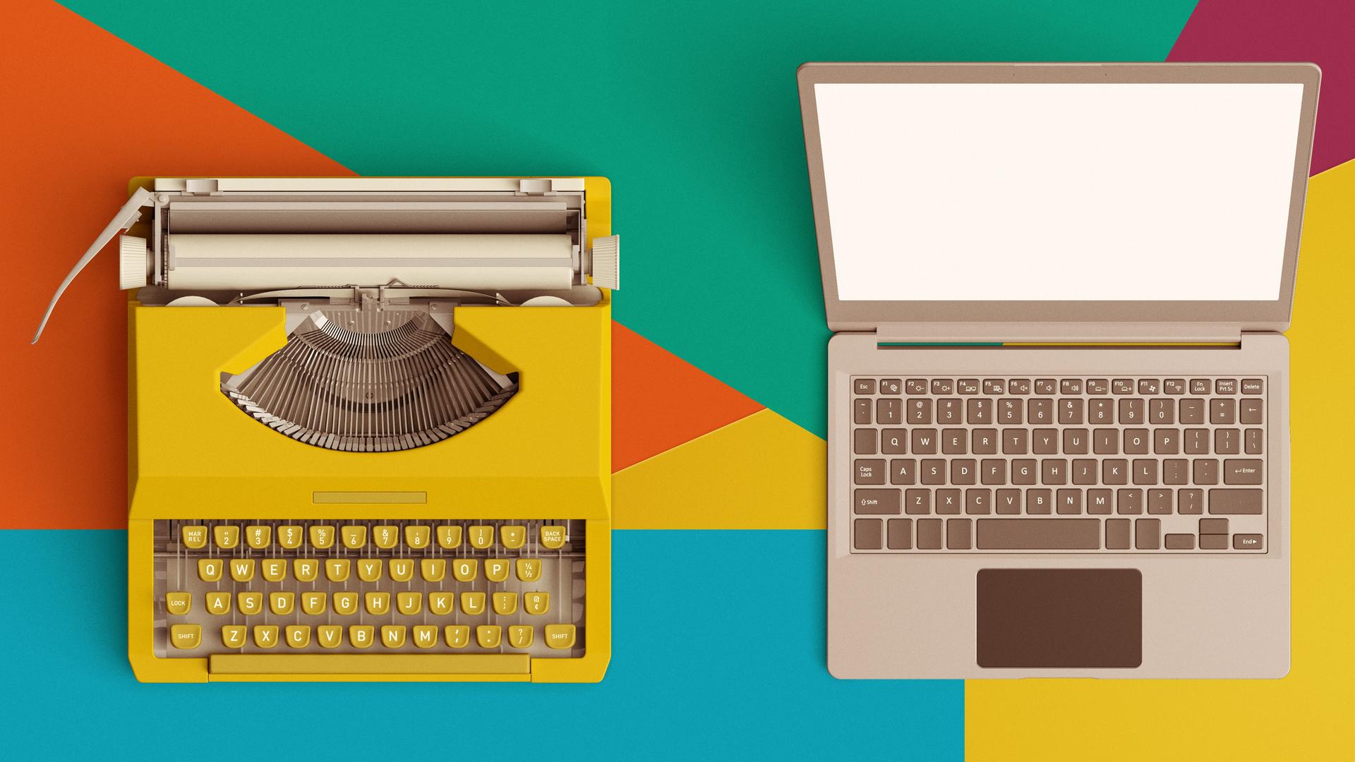 Vor verschiedenfarbigem Hintergrund ist auf der linke Seite eine gelbe Schreibamschine. Rechts ein silberfarbener Laptop. Vor verschiedenfarbigem Hintergrund ist auf der linke Seite eine gelbe Schreibamschine. Rechts ein silberfarbener Laptop.