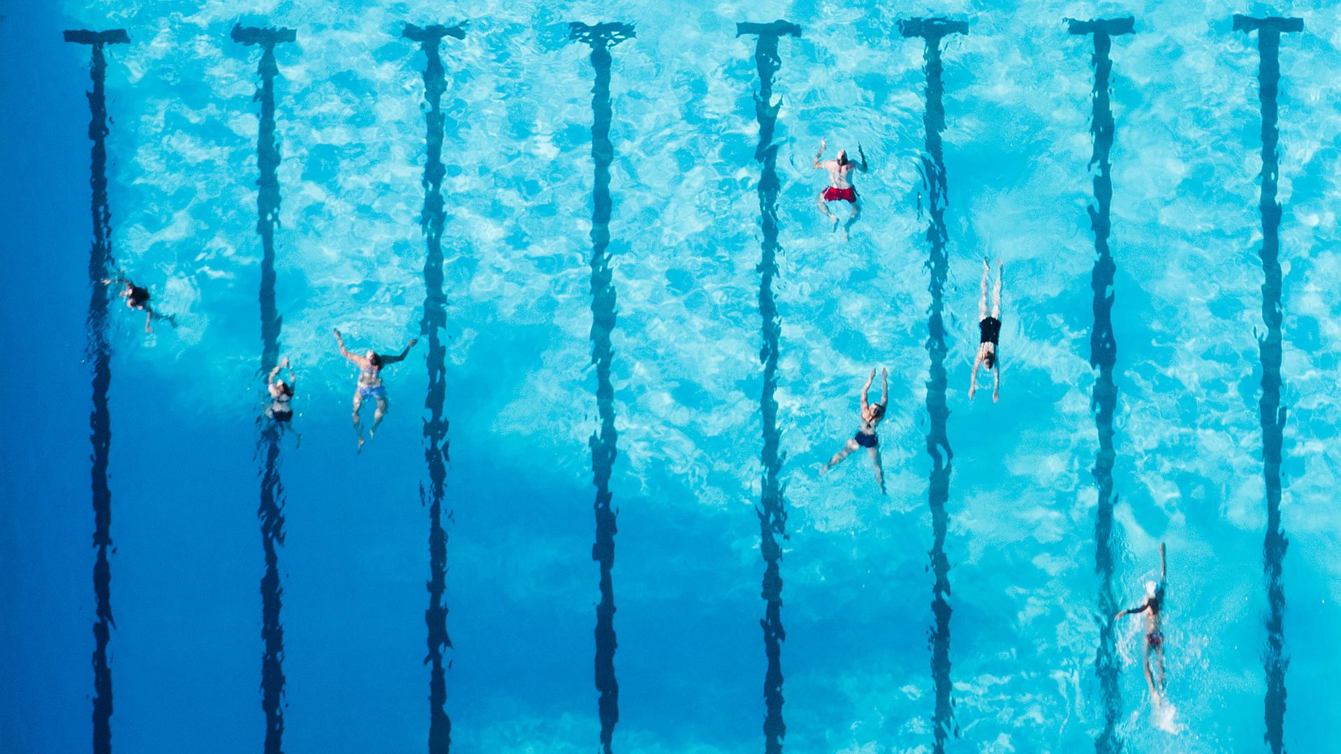Luftaufnahme auf Schwimmer im Freibad Ricklinger Bad Luftaufnahme auf Schwimmer im Freibad Ricklinger Bad