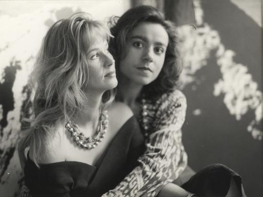 Die beiden Sängerinnen von Saâda Bonaire posieren für eine Schwarzweiß-Promotionfotos in enger Umarmung: Stephanie Lange und Andrea Ebert.