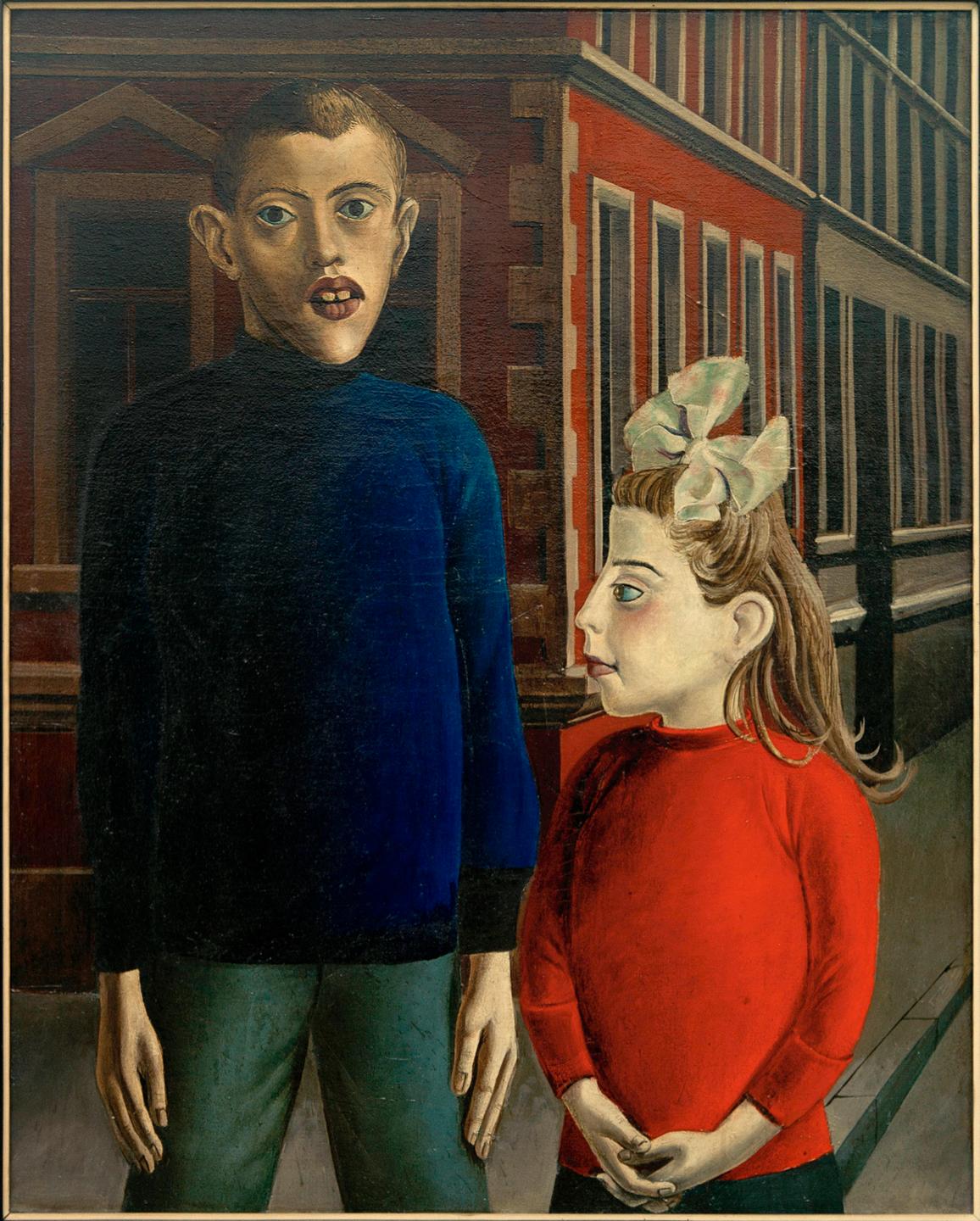 Gemälde eines Jungen im blauen Pullover und eines Mädchen im roten Pullover
