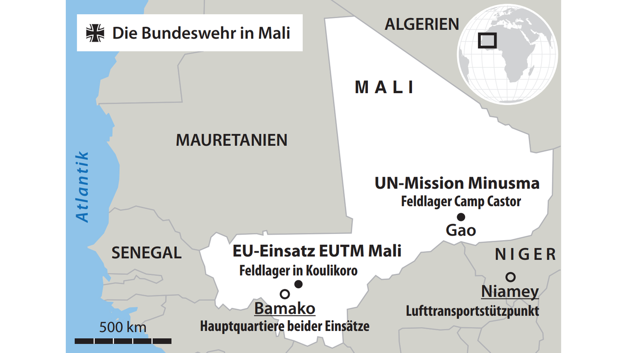 Die Bundeswehr in Mali: Karte der Einsatzgebiete und Nachbarländer Die Bundeswehr in Mali: Karte der Einsatzgebiete und Nachbarländer