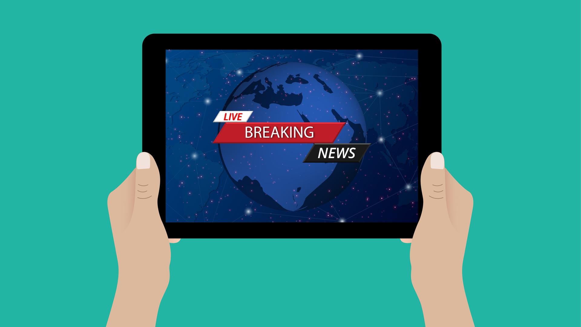 Illustration zweier Hände, die ein Tablet mit dem Schriftzug "Breaking News" halten. Illustration zweier Hände, die ein Tablet mit dem Schriftzug "Breaking News" halten.
