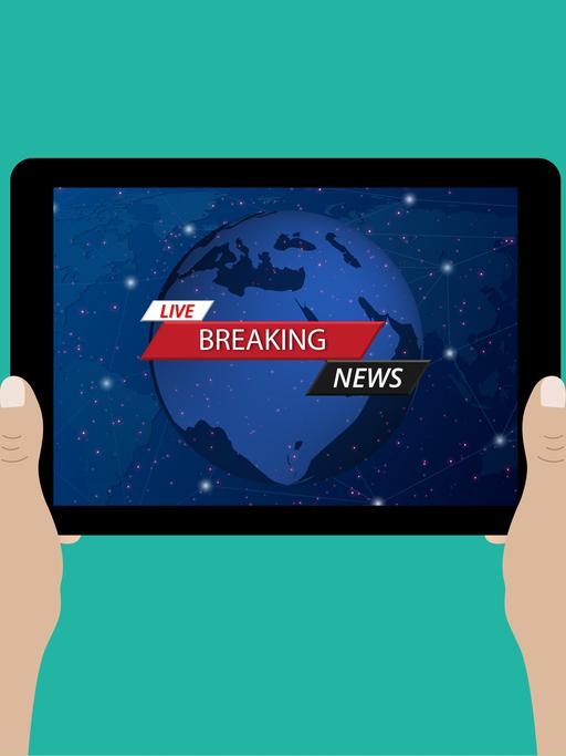 Illustration zweier Hände, die ein Tablet mit dem Schriftzug "Breaking News" halten.