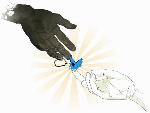 Illustration: Der blaue Twittervogel wird zwischen zwei übermächtig grossen Händen weitergegeben.