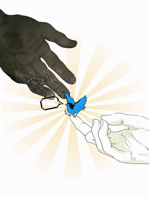 Illustration: Der blaue Twittervogel wird zwischen zwei übermächtig grossen Händen weitergegeben.